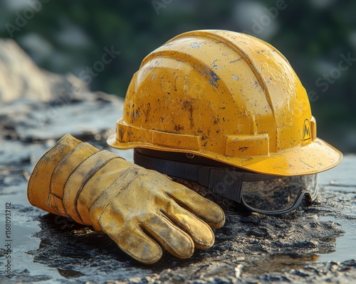 Close-up of a Worn Yellow Hard Hat and Gloves on a Construction Site, Safety Equipment for Workers on the Job photo