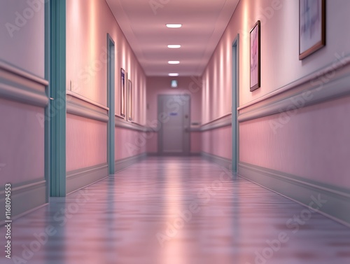 Blurred hospital corridor with soft lighting and a clean, peaceful atmosphere 