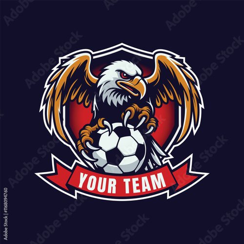 soccer football logo with eagle mascot. eagle gripping ball with ribbon vector. modern soccer or football logo for your club or team