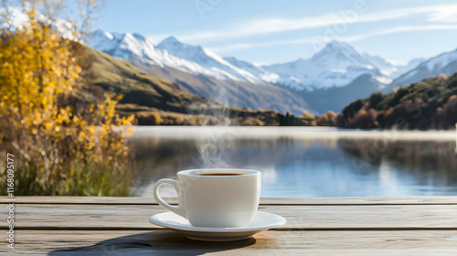 picturesque scene of steaming coffee cup by serene lake, surrounded by mountains and autumn foliage, evokes sense of tranquility and warmth