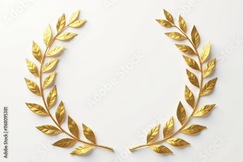 Delicate gold foil laurel wreath with intertwined leaves and branches, greenery, wreath