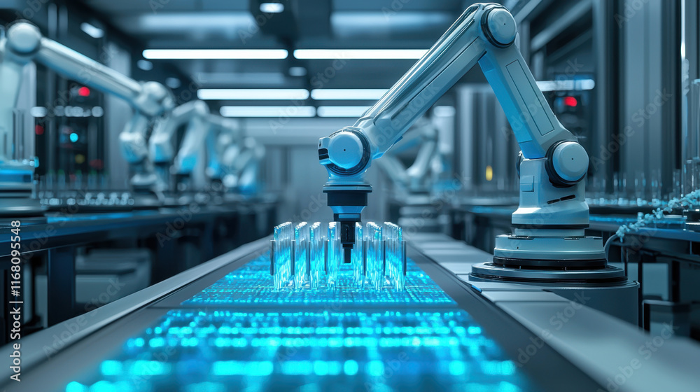 Fototapeta premium Automated lab system with robotic arms handling glassware in high tech environment, showcasing advanced technology and precision in laboratory processes