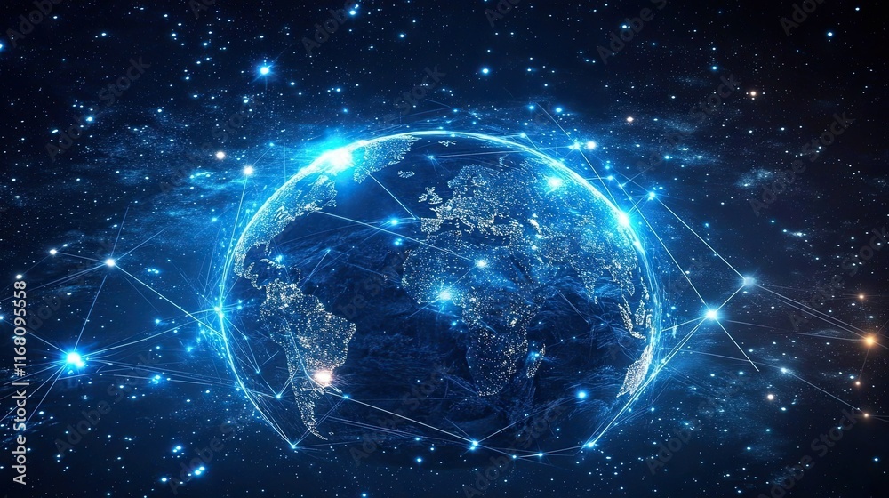 An abstract illustration of a global network connection that represents global communication by showing a digital globe with connected lines and nodes An abstract illustration of a global network connection that represents global communication by showing a digital globe with connected lines and nodes