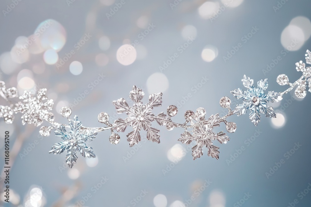 Elegant silver snowflake garland with glittering crystals, perfect for winter holidays. Elegant silver snowflake garland with glittering crystals, perfect for winter holidays.