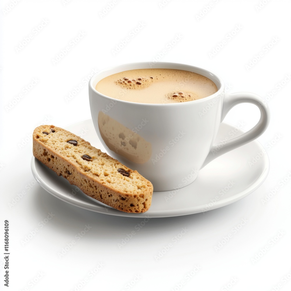 Warm Coffee Cup with Biscotti on White Background Perfect for Cozy Morning Moments and Relaxation Themes Warm Coffee Cup with Biscotti on White Background Perfect for Cozy Morning Moments and Relaxation Themes