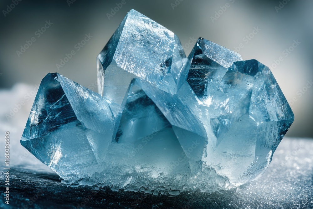 Obraz premium A cluster of translucent blue crystals rests on a bed of ice, showcasing intricate facets and textures.