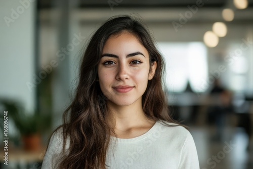Free Download Confident Young Woman with Long Hair in a Modern Office Setting - GFXLoad