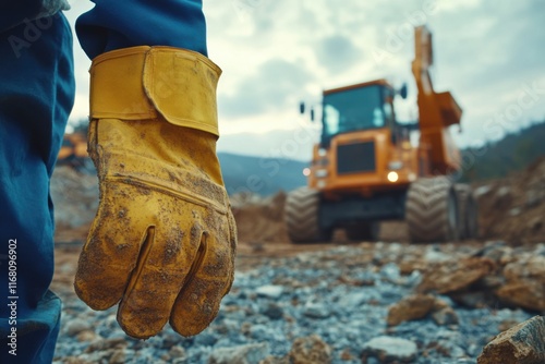 Construction Worker Adjusting Safety Gear with Heavy Equipment in the Background, A Focus on Occupational Safety and Health
