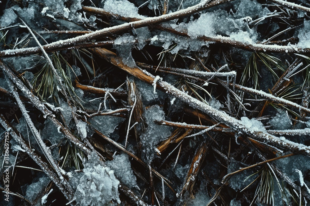 Snow-covered branches and pine needles create a wintry, textured scene. Snow-covered branches and pine needles create a wintry, textured scene.