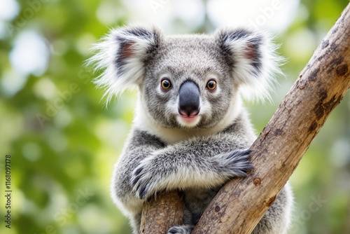 Koala perched on a tree branch, detailed and lifelike style, blurred green background, concept of wildlife and nature. Ai generative