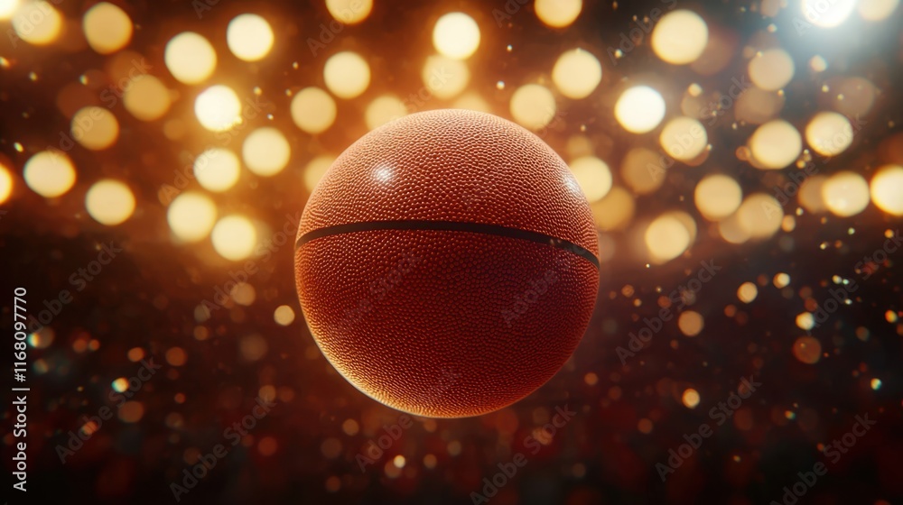 Basketball Ball Floating Against Bright Blurred Background Lights