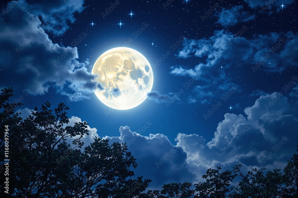 Naklejka premium Glowing full moon in a clear night sky, surrounded by stars and fluffy clouds, with silhouetted tree branches in the foreground. Concept of tranquility. Ai generative.