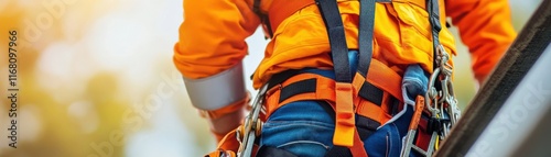 Construction Worker Safety Harness, Secure Steel Beam Installation, High-Rise Project, Fall Protection Gear, OSHA Compliance, Construction Safety Equipment, Industrial Safety, Construction Site