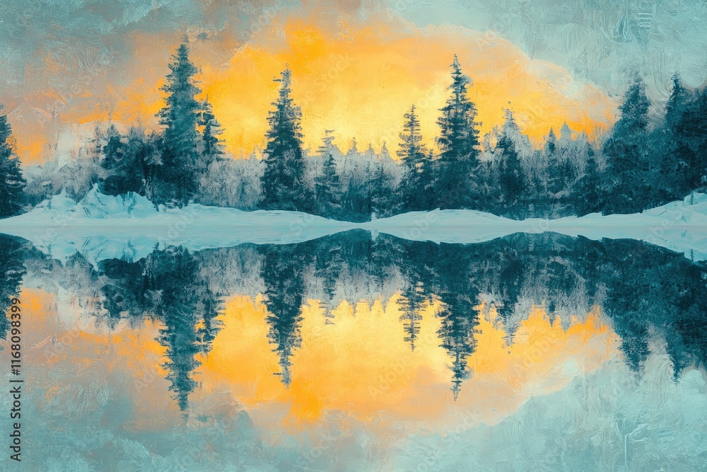 Obraz premium A serene winter landscape painting, showcasing a tranquil lake reflecting a golden sunset and snow-covered evergreens.
