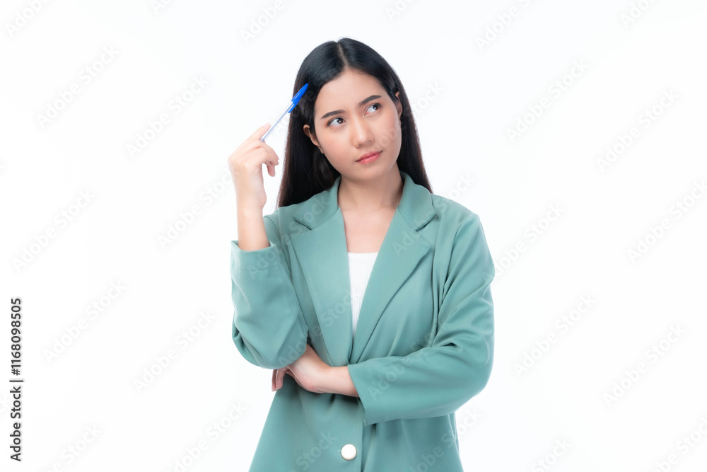 Beautiful Young Asian Woman in Green Blazer Thinking with Pen in Hand, Business Concept of Problem Solving, Creative Ideas, or Decision Making on White Background Beautiful Young Asian Woman in Green Blazer Thinking with Pen in Hand, Business Concept of Problem Solving, Creative Ideas, or Decision Making on White Background