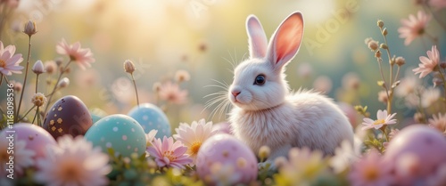 Cute bunny with Easter eggs in a spring meadow, a gentle and charming image for Easter, spring or children themed projects. photo