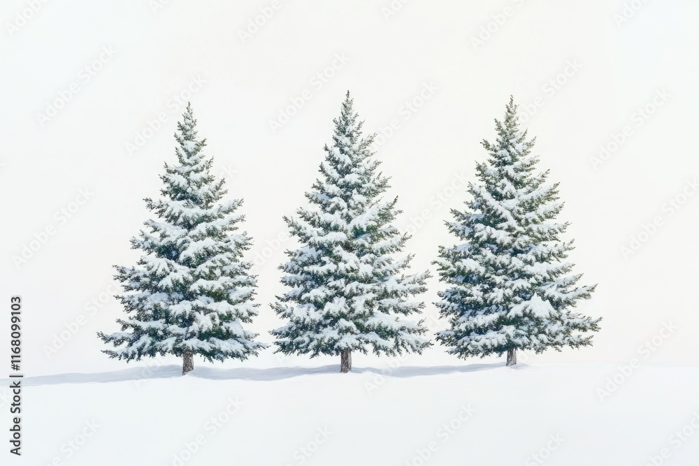 Obraz premium Three snow-covered evergreen trees stand tall in a pristine winter landscape.