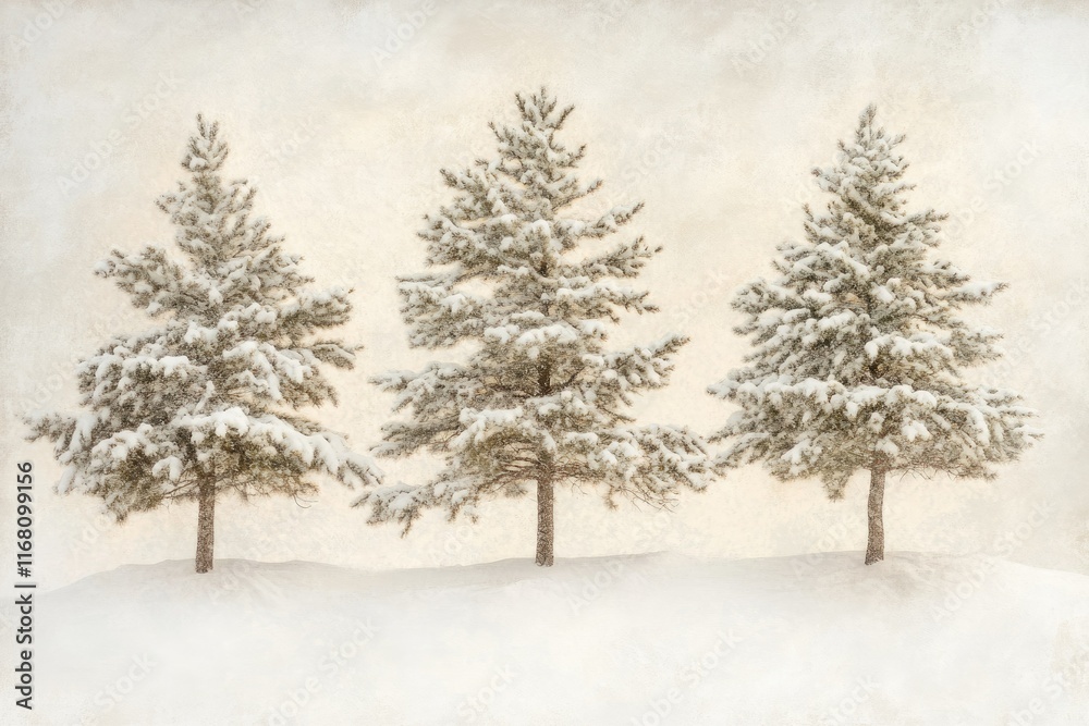 Three snow-covered pine trees stand tall in a serene winter landscape. Three snow-covered pine trees stand tall in a serene winter landscape.
