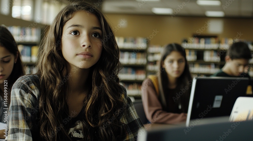 A focused student in a library setting with computers nearby. A focused student in a library setting with computers nearby.