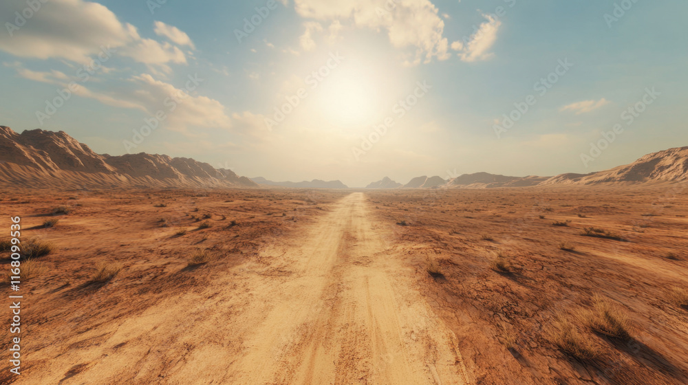 Fototapeta premium vast desert landscape with dirt road stretching into horizon under bright sun. scene captures beauty of nature and feeling of solitude