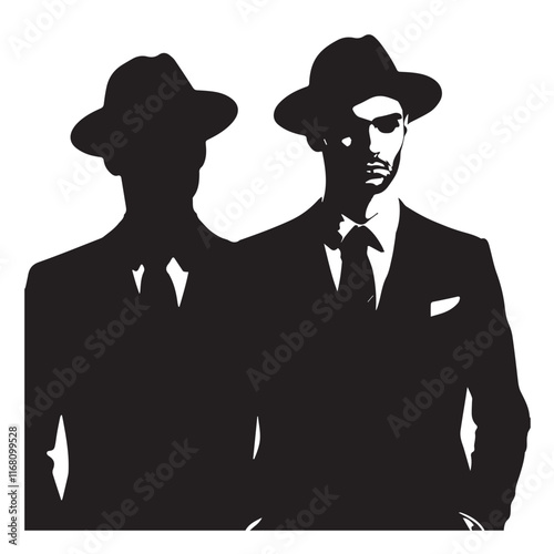A man in a hat and a suit is standing in front of a vector silhouette
