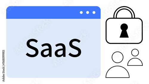 Browser window displaying SaaS, lock icon for security, two user icons representing access control. Ideal for web services, cloud applications, data privacy, cyber security, user roles, online tools