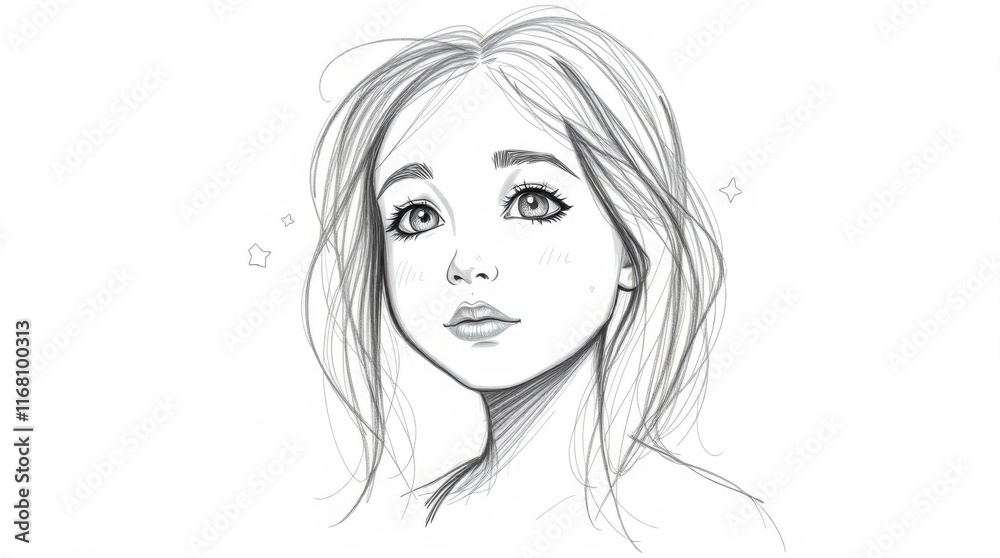 Sketch of young girl with expressive eyes in pencil drawing style Sketch of young girl with expressive eyes in pencil drawing style