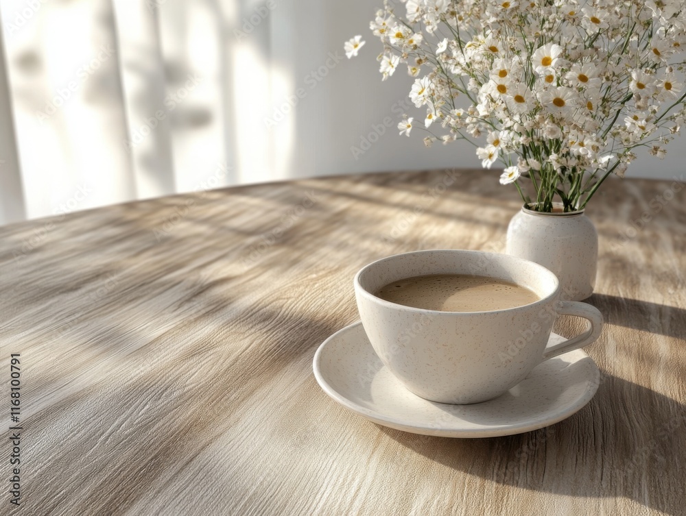 Cozy Cafe Ambiance A Cup of Coffee on a Neutral-Toned Tabletop with Soft Lighting and Delicate Flowers, Perfect for Relaxation and Enjoyment Cozy Cafe Ambiance A Cup of Coffee on a Neutral-Toned Tabletop with Soft Lighting and Delicate Flowers, Perfect for Relaxation and Enjoyment