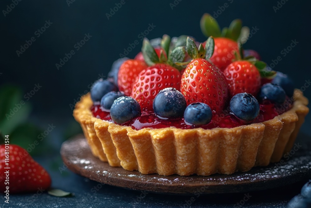 Delicious Artisan Mini Berry Tart with Golden Pastry Crust, Fresh Strawberries, and Blueberries, Garnished with Mint, Perfect for a Sweet Treat or Dessert Warm Lighting Creates an Inviting Atmosphere Delicious Artisan Mini Berry Tart with Golden Pastry Crust, Fresh Strawberries, and Blueberries, Garnished with Mint, Perfect for a Sweet Treat or Dessert Warm Lighting Creates an Inviting Atmosphere