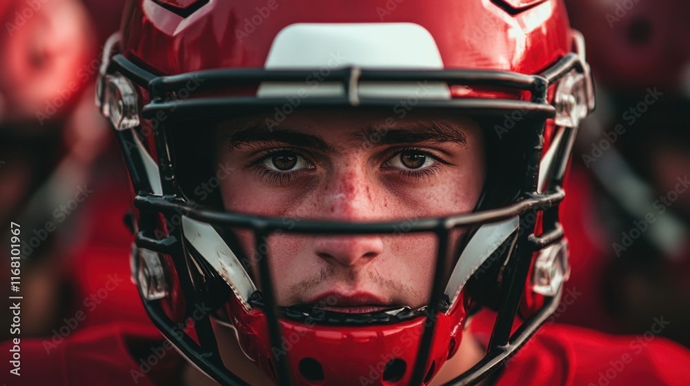 Intense Young Football Player with Helmet and Focused Expression Intense Young Football Player with Helmet and Focused Expression
