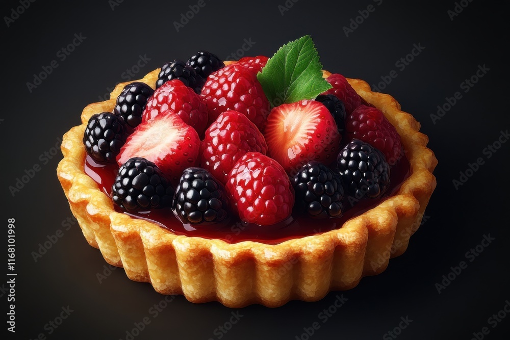 Delicious Golden Pastry Tart with Vibrant Berry Topping, Artisan Bakery Dessert, Fresh Fruit, Luxury Treat, Dark Background, Gourmet Food Photography, Close-Up View, Sweet Pastry, Bakery Delight Delicious Golden Pastry Tart with Vibrant Berry Topping, Artisan Bakery Dessert, Fresh Fruit, Luxury Treat, Dark Background, Gourmet Food Photography, Close-Up View, Sweet Pastry, Bakery Delight