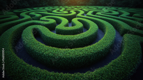 large intricate hedge maze viewed from above, showcasing its complex patterns and lush greenery. maze creates sense of wonder and exploration in serene environment