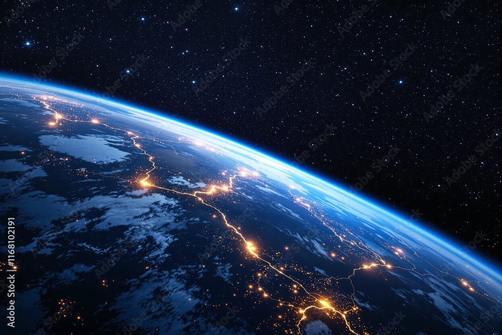 Obraz premium Depiction of Earth from space highlighting city lights and glowing connections, vivid and detailed, set against a starry background. Concept of global connectivity. Ai generative