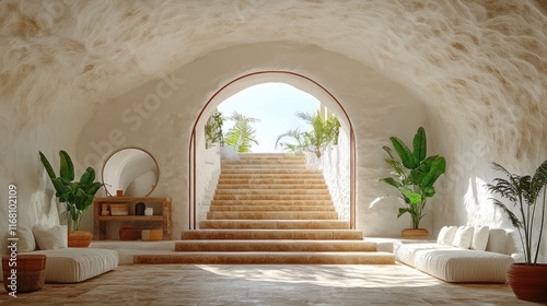 Sunlit cave interior with arched entry, stairs, plants, and seating.