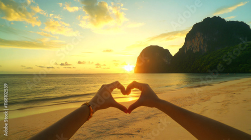 Couple, hands and heart by sunset with love on beach for honeymoon or vacation in summer with romantic gesture , Generative ai