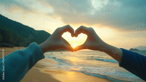 Couple, hands and heart by sunset with love on beach for honeymoon or vacation in summer with romantic gesture , Generative ai