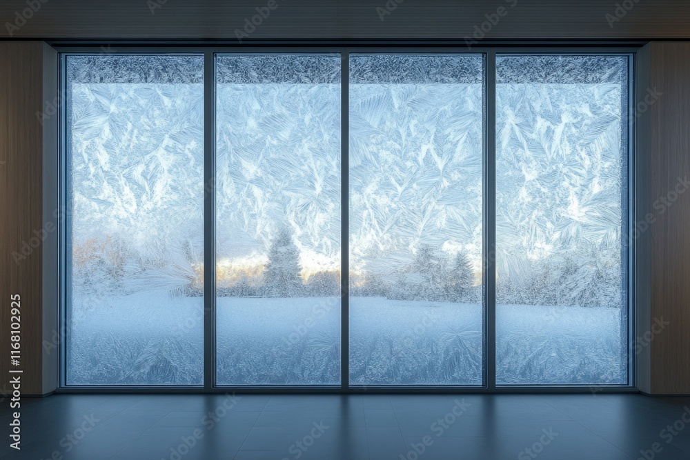Fototapeta premium Frost patterns adorn a large window, showcasing a winter landscape beyond.