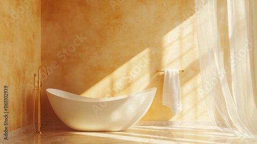 White ceramic bathtub, gold shower head, blowing sheer curtain, towel rack stand in sunlight on beige brown stucco texture wall, marble floor for luxury, modern interior, toiletries background. photo