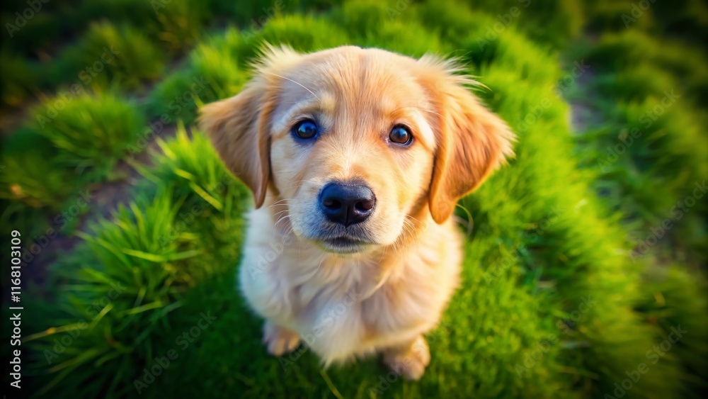 Adorable Golden Retriever Puppy Looking Upward - Aerial View Stock Photo Adorable Golden Retriever Puppy Looking Upward - Aerial View Stock Photo