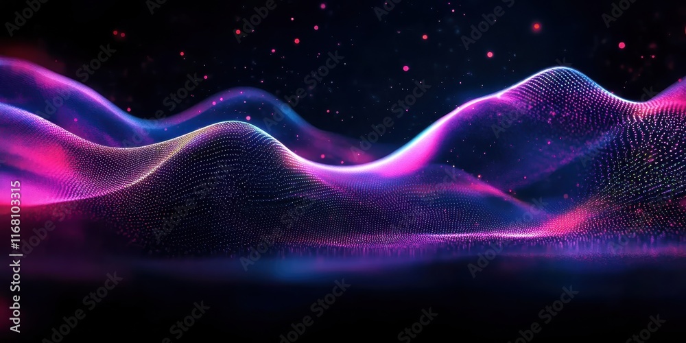 Abstract cosmic waves, vibrant neon colors, energy flow, particle effects, starry background, rippling light, digital art, futuristic landscape, surreal, dynamic, 3D render, glowing ribbons, cosmic du Abstract cosmic waves, vibrant neon colors, energy flow, particle effects, starry background, rippling light, digital art, futuristic landscape, surreal, dynamic, 3D render, glowing ribbons, cosmic du