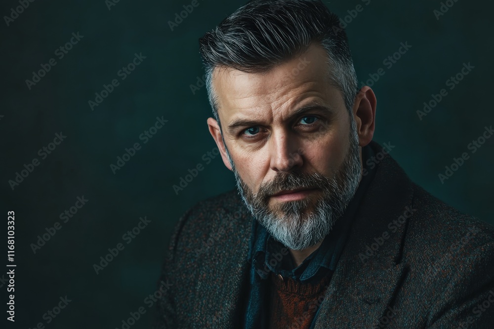 Intense Portrait of a Mature Man with Stylish Hair and Beard Against a Dark Background Intense Portrait of a Mature Man with Stylish Hair and Beard Against a Dark Background