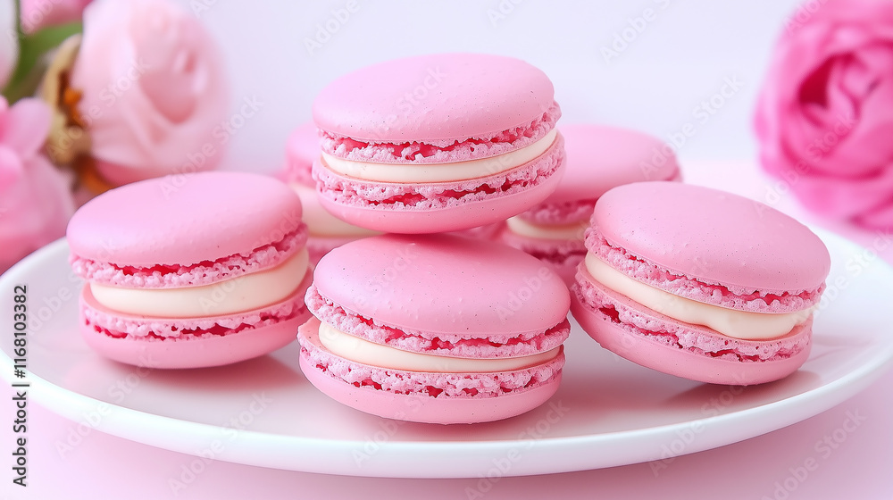 Delicate Pink Macarons on a Plate with Roses Delicate Pink Macarons on a Plate with Roses