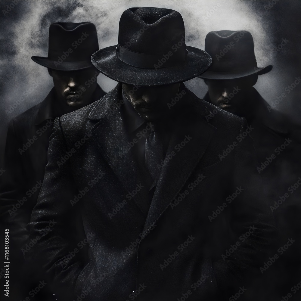 Fototapeta premium Three mysterious figures in dark coats and hats shrouded in smoke, creating an atmosphere of intrigue and suspense.