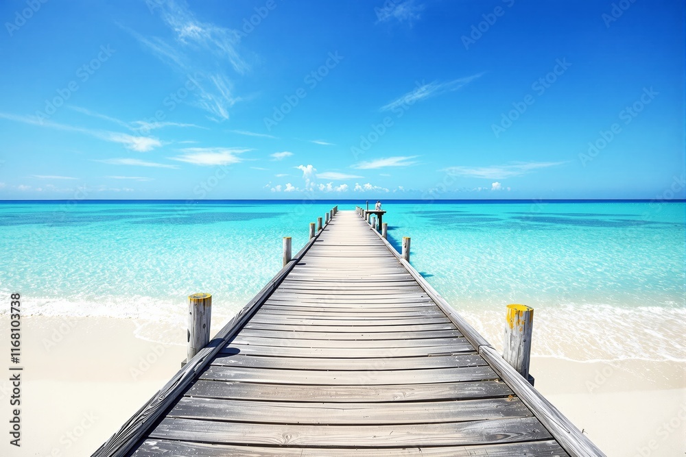 Scenic view of a wooden pier extending into crystal clear turquoise waters under a bright blue sky, sandy beach in the foreground. Ai generative Scenic view of a wooden pier extending into crystal clear turquoise waters under a bright blue sky, sandy beach in the foreground. Ai generative