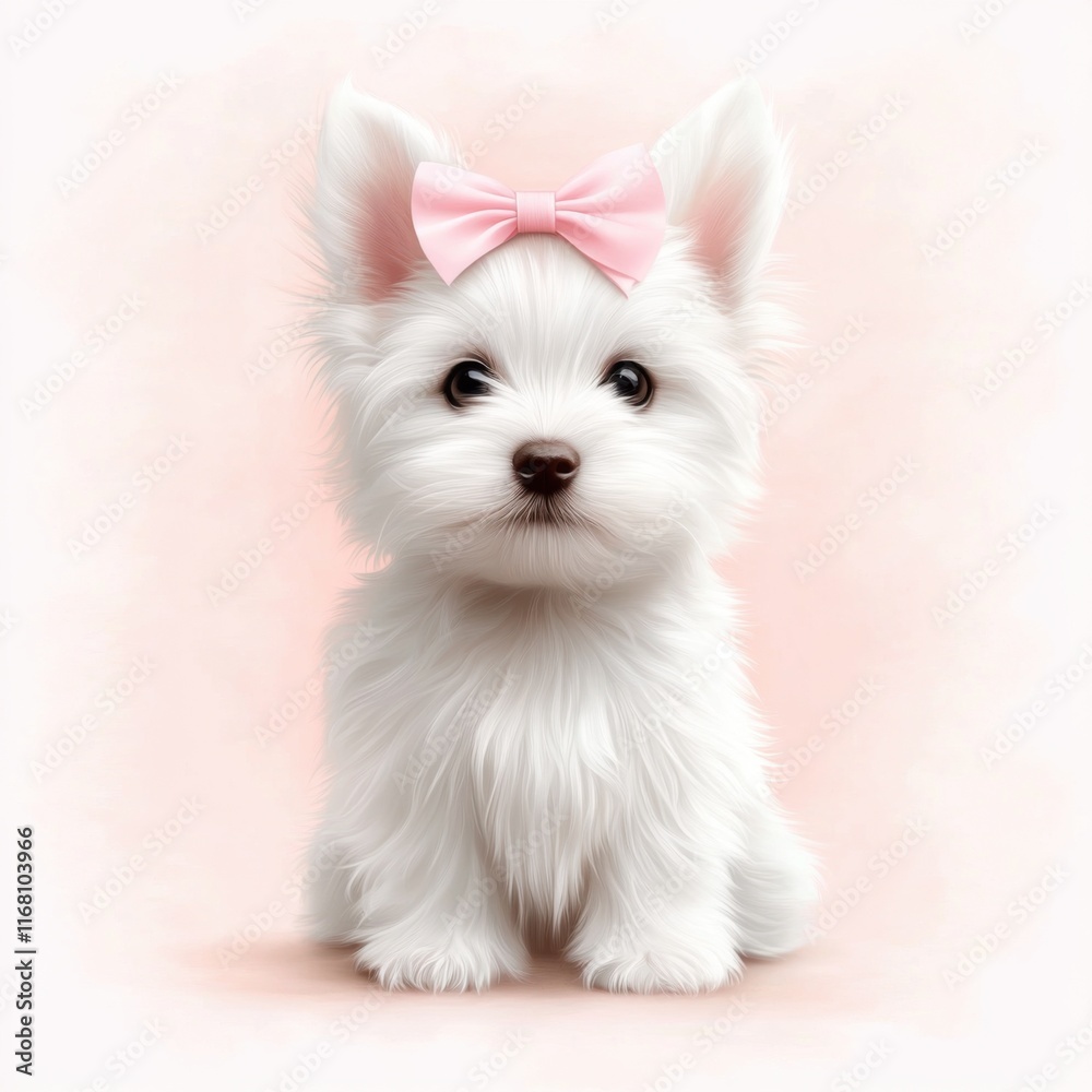 Adorable white puppy with pink bow shaded outdoor setting pet photography cute and playful atmosphere Adorable white puppy with pink bow shaded outdoor setting pet photography cute and playful atmosphere