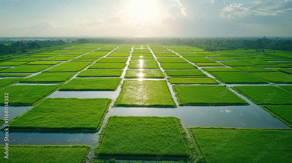 Obraz premium Aerial view of vast green rice field with water reflections under bright sky. landscape showcases beauty of agriculture and nature harmony
