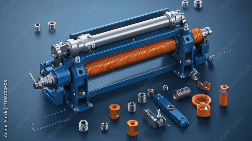 A detailed industrial component assembly with various parts and tools. A detailed industrial component assembly with various parts and tools.