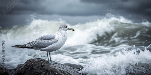 A seagull stands on a rock, facing the turbulent ocean waves during a storm. photo