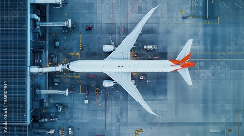 Aerial view, commercial airplane, tarmac, top-down perspective, white aircraft, red engine nacelles, runway markings, high-resolution, photorealistic, aviation photography, transport, travel, airport  photo