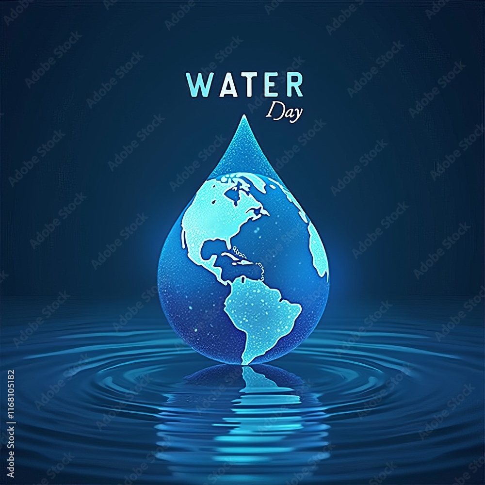 Obraz premium World Water Day concept with glowing Earth and water drop on dark blue background.